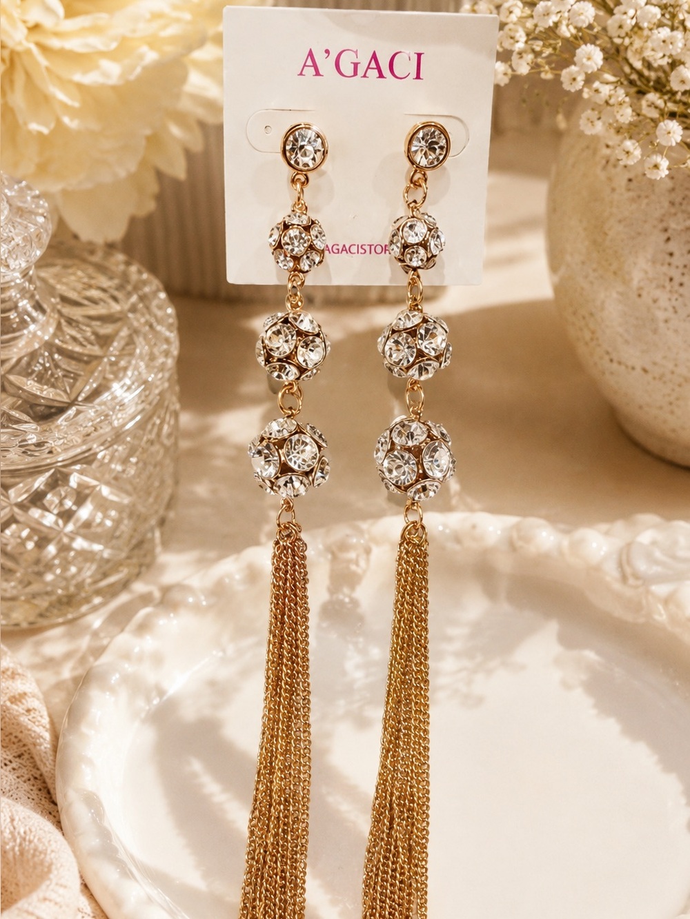 a'gaci 2/20 Gold Crystal Tassel Drop dangle Earrings Clear Rhinestone elegant